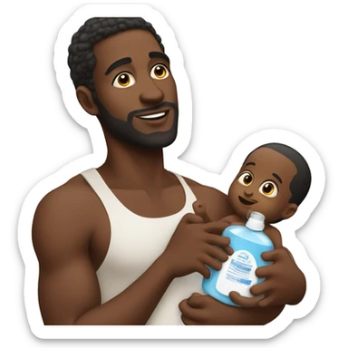 black man holding baby oil sticker