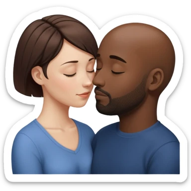 a white woman with short brown hair and a black man with no hair and a beard are facing one each other and their forehead are touching. They close their eyes and their are in love. The space between their nose is a bit larger sticker