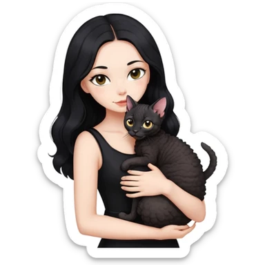Long black hair beautiful girl wearing a tight hug a Devon Rex sticker