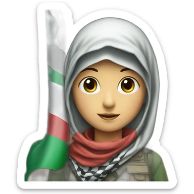 A child wearing a keffiyeh raises the Palestinian flag sticker