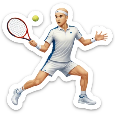 Cinematic Realistic portrait of Goran Ivanišević, depicted as an iconic tennis player in dynamic motion with detailed athletic gear and intense focus, illuminated by bold stadium lighting that accentuates his competitive spirit. sticker