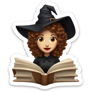 a witch with red lips, brown curly hair to the shoulders reading a book sticker