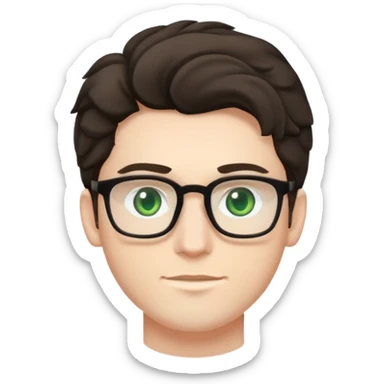 young man with pale skin, dark tall voluminous slightly wavy hair styled up high on head but not curly, wearing glasses with green eyes and very light stubble, with a slight smile sticker