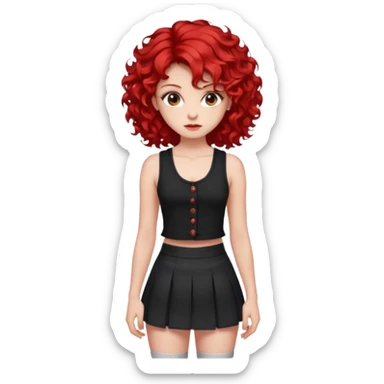 red haired girl with 2 big curls on the sides of her hair with a button up black tank top with red accents and a short skirt with red end sticker