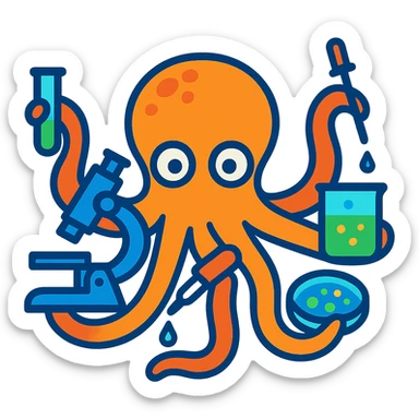 an octopus doing labwork, each tentacle holding a different science tool, vibrant, playful, clear details sticker
