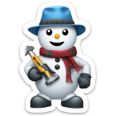 snowman with hat and scarf holding a powertool sticker