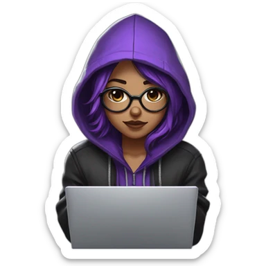 Girl broun artist with round glasses left side behind his laptop with this style: valorant riot Game purple character purple black hooded hacker themed character sticker