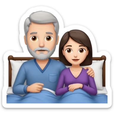 Grey haired man with beard, and brunette woman in bed  sticker