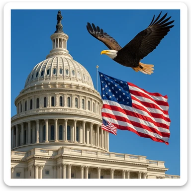 the US Capitol building with the American flag in the background and an eagle flying overhead, detailed and patriotic sticker