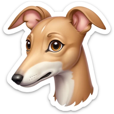 Cinematic Cute Fawn Greyhound Portrait Emoji, Head tilted playfully and inquisitively, featuring a sleek fawn Fur with a gentle sheen, round, sparkling eyes filled with curiosity, Simplified yet irresistibly adorable features, highly detailed, glowing with a warm, friendly glow, high shine, affectionate and nimble, stylized with a touch of whimsy, bright and endearing, soft glowing outline, capturing the essence of a mischievous yet loving racer, so playful it feels like it could sprint out of the screen and into your arms! sticker