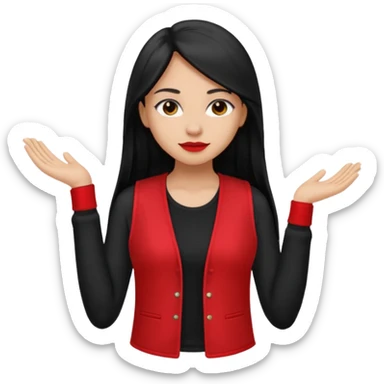 Girl with long light black straight hair and black vest and she is holding a red long-sleeved shirt from her own brand sticker