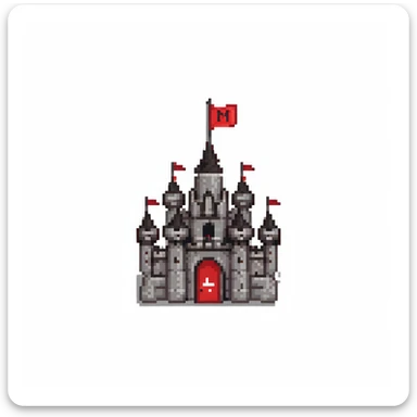 black and red castle with a flag that has the letter M drawn on it sticker