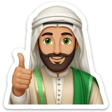 "Tanned Arab Saudi man with green eyes and a beard, wearing an agal and traditional attire, smiling happily and giving a big thumbs-up sticker