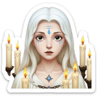 Pale sorceress lit by dozens of candles, wet skin glow, slow seductive gaze, dark fantasy cinema sticker