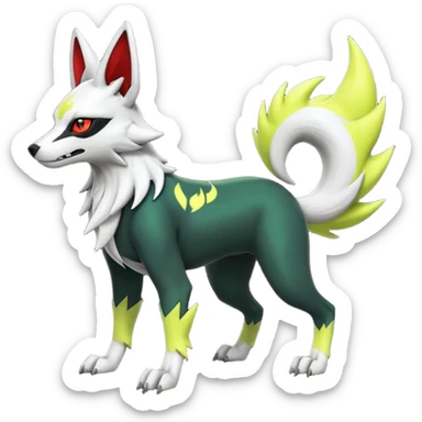 Hyper realistic skeletal black and neon green and neon yellow Zangoose-Lycanroc-Zorua-Litten-Houndoom-Fakémon-Pokémon-Digimon-hybrid-fusion (full body) sticker