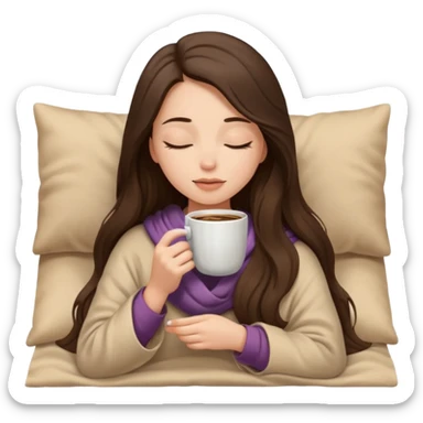 Brunette girl long hair inside a beige blanket sipping coffee eyes closed sticker