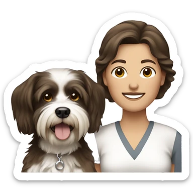 tan middle aged woman with brown hair, with black and white havanese dog sticker