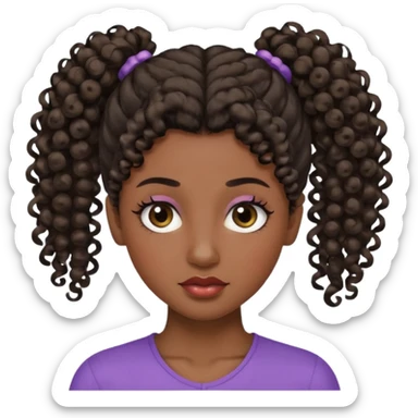 emoji sucking its lips in with one eyebrow up and the other one down dark skin and curly hair in one ponytail with eyelashes up to her hair sticker