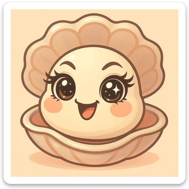 Create a version with even more expressive and luminous eyes, elegant eyelashes, and enhanced pastel, pearly, cream, peach, and greige shades. Keep the large shell, small oyster, pastel toon style, background, and mischievous expression as in the reference image. sticker