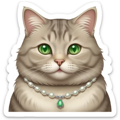 fluffy, slightly chubby, light grey tabby cat with green eyes, white tummy, and a pearl necklace  sticker