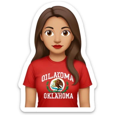 40 year old Mexican woman long hair in a red “OKLAHOMA” t-shirt sticker