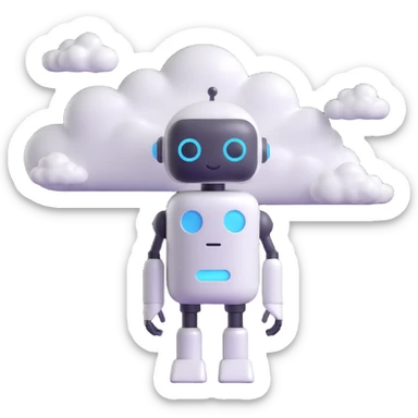 minimalist 3D cartoon-style icon of a robot with a pill-shaped head, eyes closed, gentle smile, surrounded by soft clouds, simple clean lines sticker