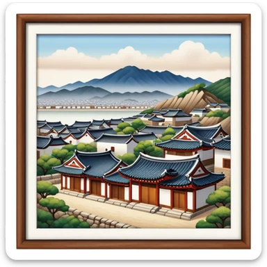 Cinematic Realistic Bukchon Hanok Village Landmark Emoji, depicted with traditional Korean houses set against a scenic backdrop rendered with detailed textures and warm, inviting lighting. sticker
