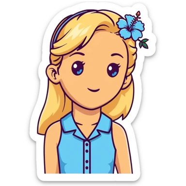 preppy coastal teen girl with blue eyes, beach blonde hair, tan skin, hibiscus flower in her ear, preppy beach outfit sticker