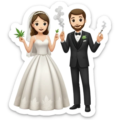 Wedding bride and groom, full body, smoking cannabis together, happy faces sticker