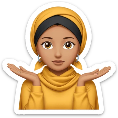tanned skin woman with a modern headscarf, makeup, and a long sleeve shirt covering shoulders and arms, emoji style sticker