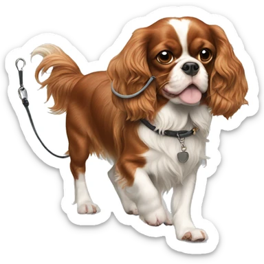 King Charles spaniel walking a pig on a leash sticker