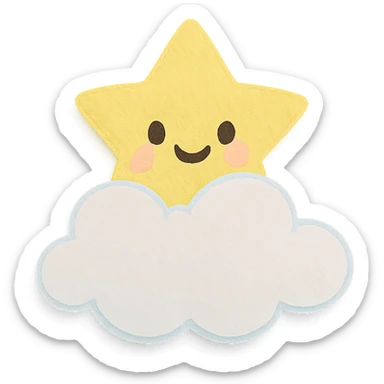 kawaii yellow star peeking from behind a fluffy cloud, no arms or legs, full body, soft pastel palette, paper craft style sticker