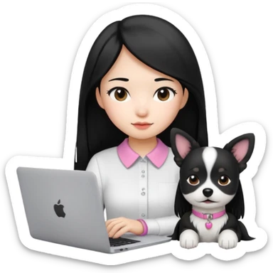 Blue back ground, Asian girl with long black hair , wearing a white shirt, working on an Apple laptop, next to her is a small black and white dog with pink collar on  sticker