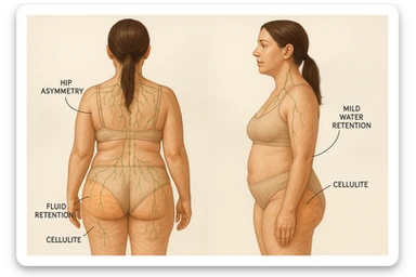 Educational, realistic illustration of a woman in her early 30s, back and side view, highlighting hip asymmetry, mild water retention, and cellulite. Skin with dimpling and uneven texture, anatomical overlays for lymphatic system and fluid zones. Warm, natural skin tones, soft lighting, compassionate, body-positive. Clean, medical, calming background. sticker