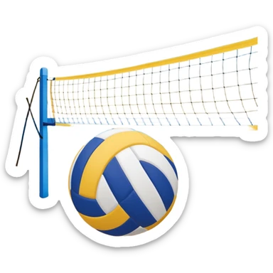 A volleyball resting on the yellow sand on a beach, with the net in the background and a scenic view of the ocean and sky. The scene captures the relaxed yet competitive vibe of beach volleyball, with warm sunlight and the natural beauty of the beach. sticker