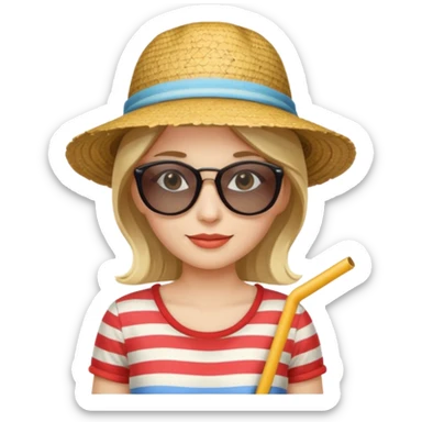 woman with striped clothing sun glasses and straw hat sticker