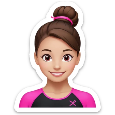 Happy female gymnast with brown hair in a neat bun, wearing a black uniform with neon pink elements. sticker