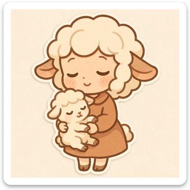 Chibi stickers style sheep girl holding a lamb, sleepy and sweet expression and pose. sticker