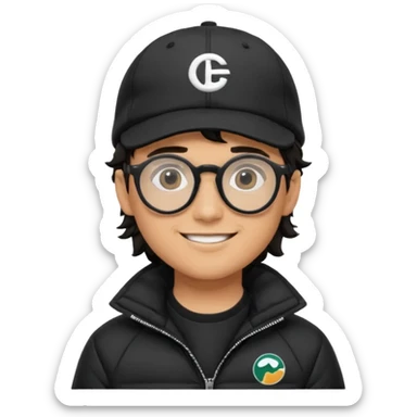 Young man wearing a black puffer jacket, black baseball cap with a small logo, round black glasses, wavy hair peeking out from under the cap, smiling. use dropcourse logo for cap and colouring for the puffer jacket sticker