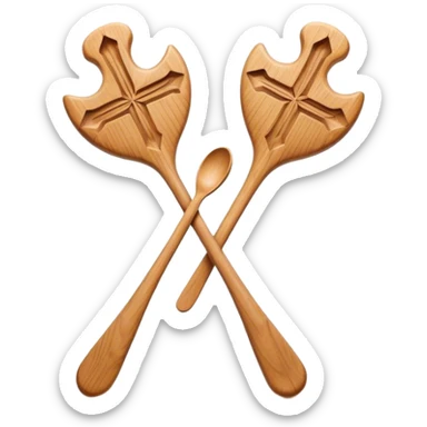 Two wooden spoons hitting each other with their flat sides, creating a cross-like shape with their handles, forming an intricate and striking visual sticker