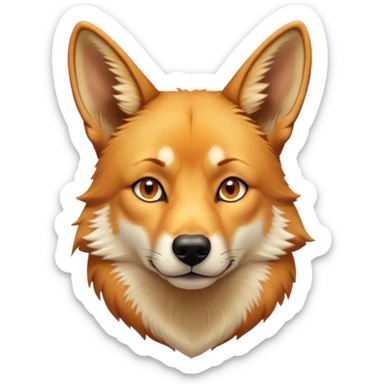 Cinematic Noble Dingo Portrait Emoji, Poised and regal, with a lean, agile build and a short, sandy-tawny fur that speaks of the wild outback, deep-set soulful amber eyes and alert ears, Simplified yet sharp and sophisticated features, highly detailed, glowing with a soft, dignified glow, high shine, intelligent and resourceful, stylized with an air of untamed elegance, focused and attentive, soft glowing outline, capturing the essence of a watchful and confident wild canine, so majestic it feels as though it could trot out of the screen with effortless authority! sticker
