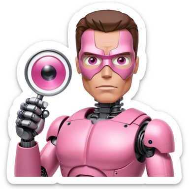 schwarzenegger-looking half robotic half human pink terminator holding magnifying glass, upper body sticker