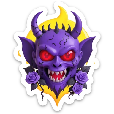 devil heart made of purple glass with sharp devil horns, pointed tail, glowing eyes, black roses, crescent moon accent, lightning effect, rain-soaked, cracked glass texture sticker