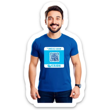 Man with pacific blue t-shirt that read a QRCODE in a ticket sticker