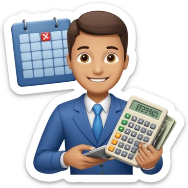 emoji, of a male AUDITOR smiling with Finance spreadsheet , a calculator,plus ADD A puzzle and a Balance for accounting. sticker