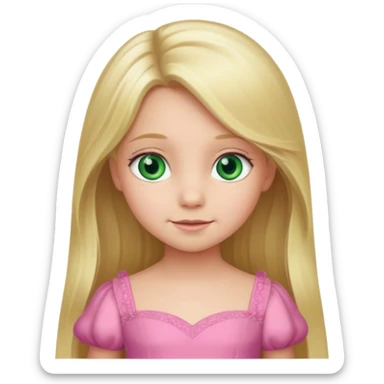 a 5 year old girl with long blond hair green eyes wearing a pink gown sticker