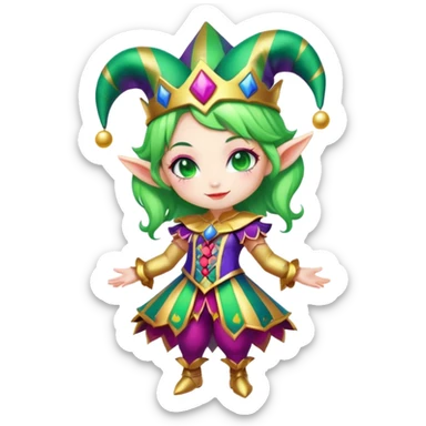 Cinematic chibi style girl in dressed like a Jester, Ultra realistic 32k HD, Breathtaking piece of art, rim lighting, hauntingly beautiful art, vibrant colors, Balanced features, highly detailed digital artwork, glowing with silver light, glowing, high shine, deviant adoptable, highly detailed clothing, remembrance, a painting of white silver, fanciful, enchanting, ghostly, embodying the essence of both reality and fantasy, dreamy, dreamy glow, optical illusion, immaculate composition, complex pose, air composition. The image is so lifelike that it feels as though it could leap off the canvas at any moment sticker