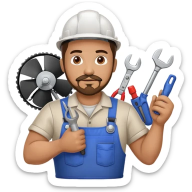 Hispanic HVAC technician with goatee beard as an action figure logo holding HVAC tools in his hands sticker