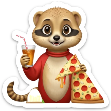 Playful meerkat eating pizza and drinking soda sticker