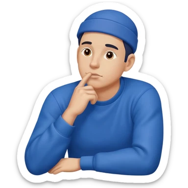 A male character in blue clothing, with a thoughtful expression and hand resting on his chin, symbolizing deep thinking.  sticker